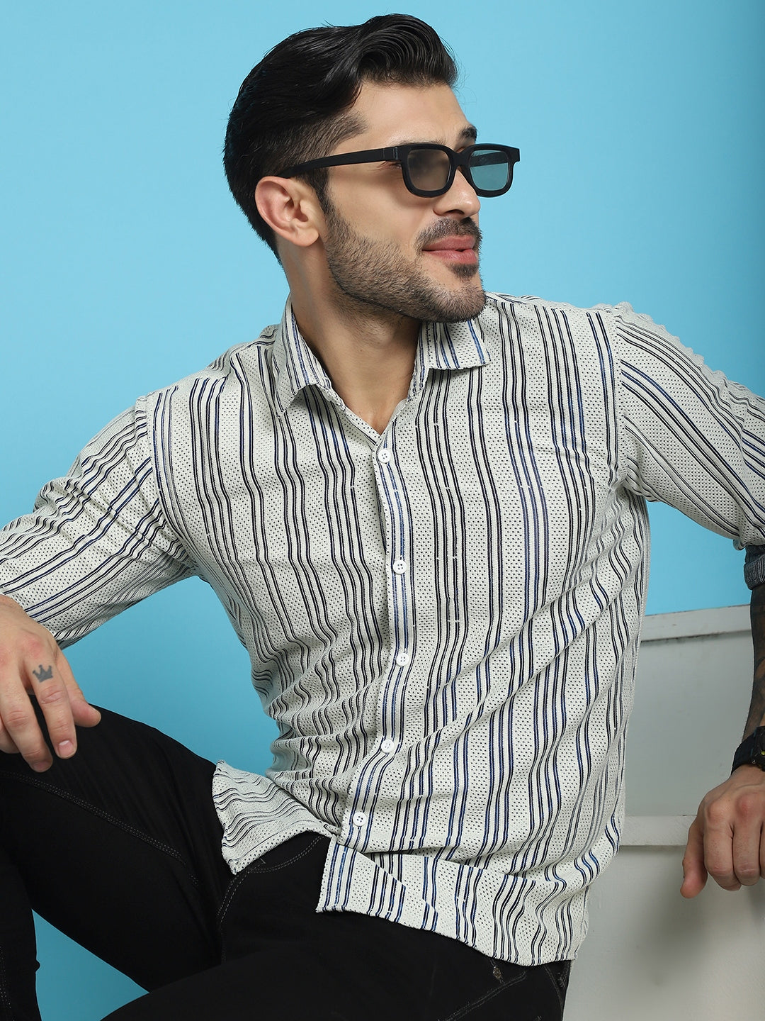 Indian Needle Men's Woven Design Cotton Shirt - Blue - Distacart