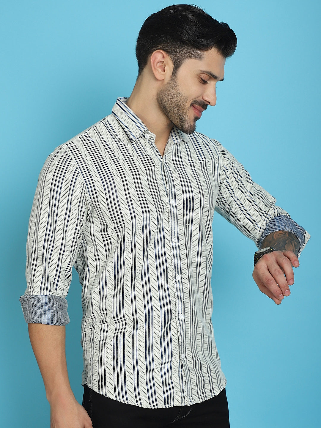 Indian Needle Men's Woven Design Cotton Shirt - Blue - Distacart