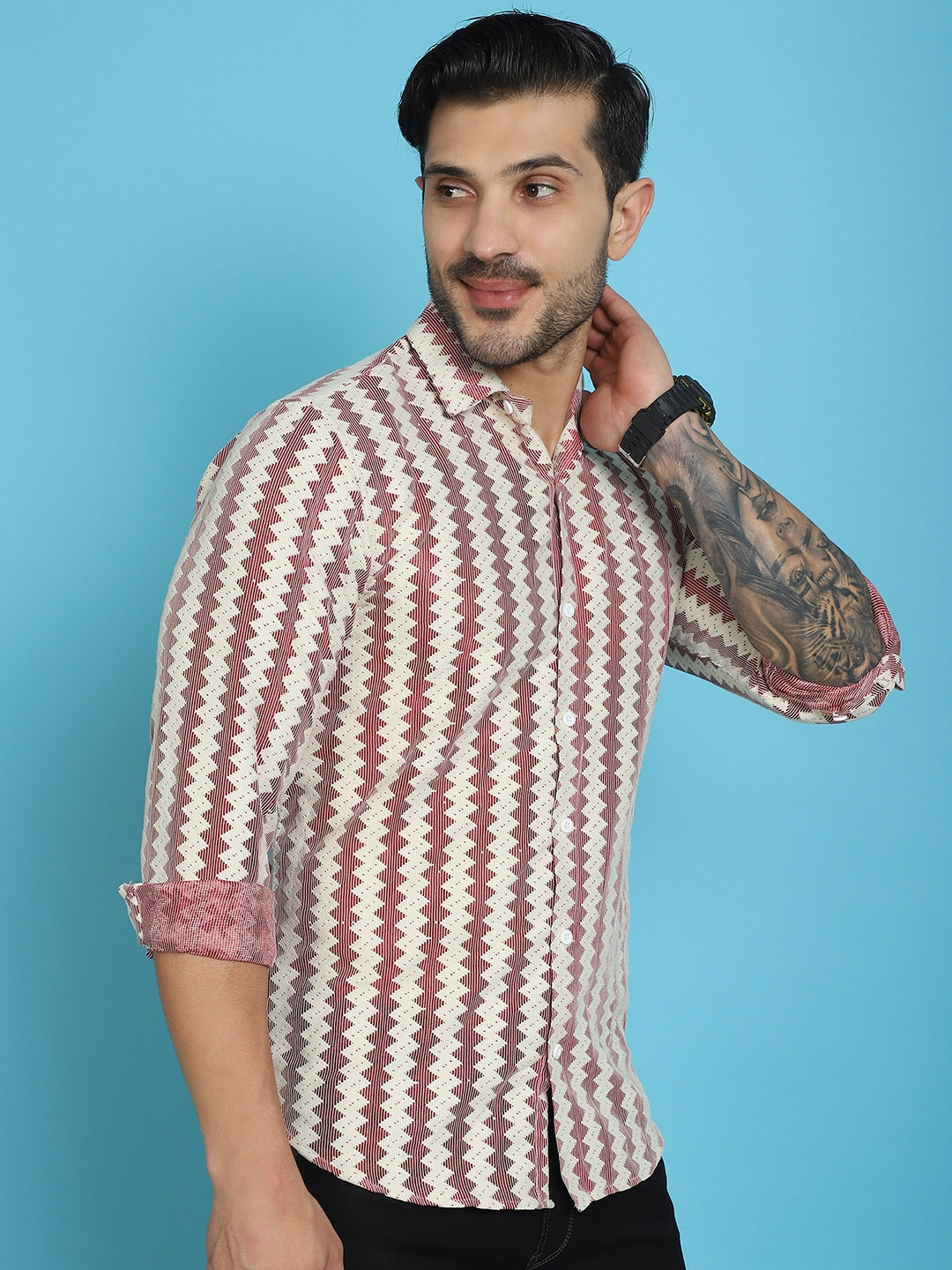 Indian Needle Men's Woven Design Cotton Shirt - Maroon - Distacart