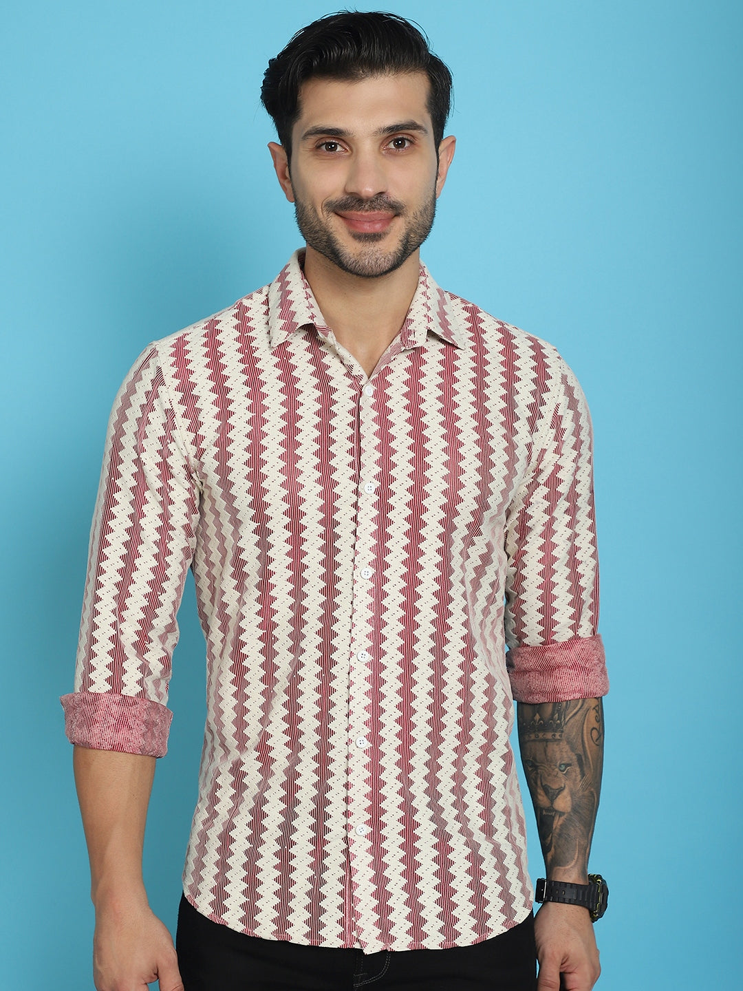 Indian Needle Men's Woven Design Cotton Shirt - Maroon - Distacart
