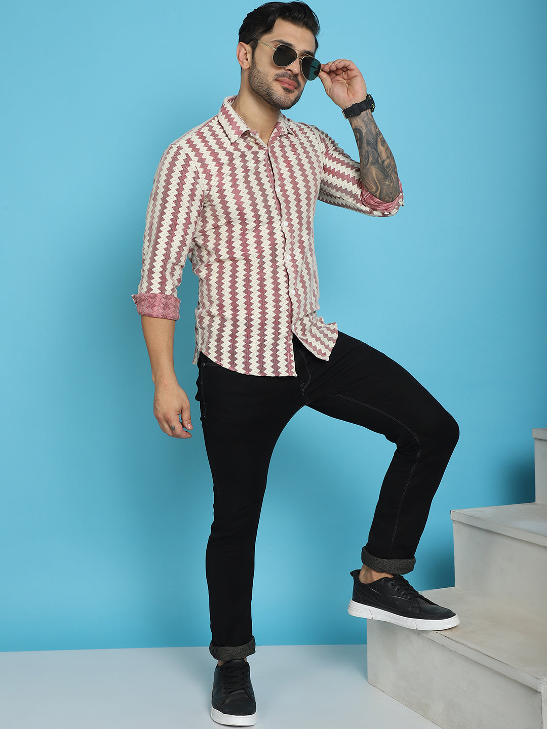 Indian Needle Men's Woven Design Cotton Shirt - Maroon - Distacart