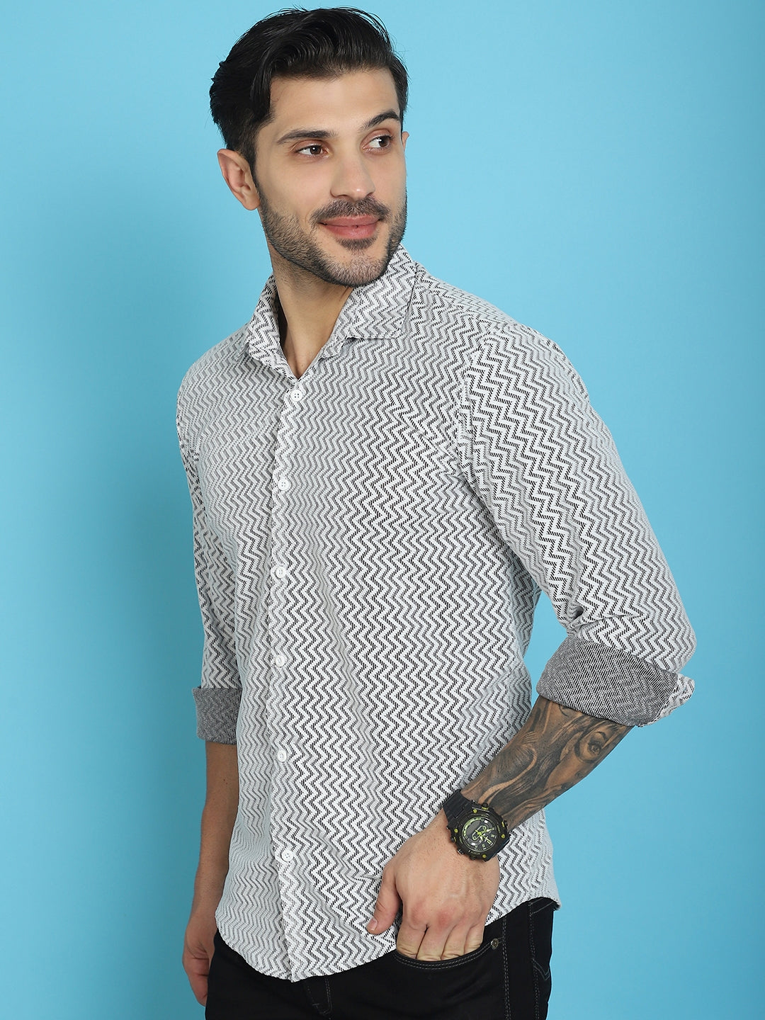 Indian Needle Men's Woven Design Cotton Shirt - White - Distacart