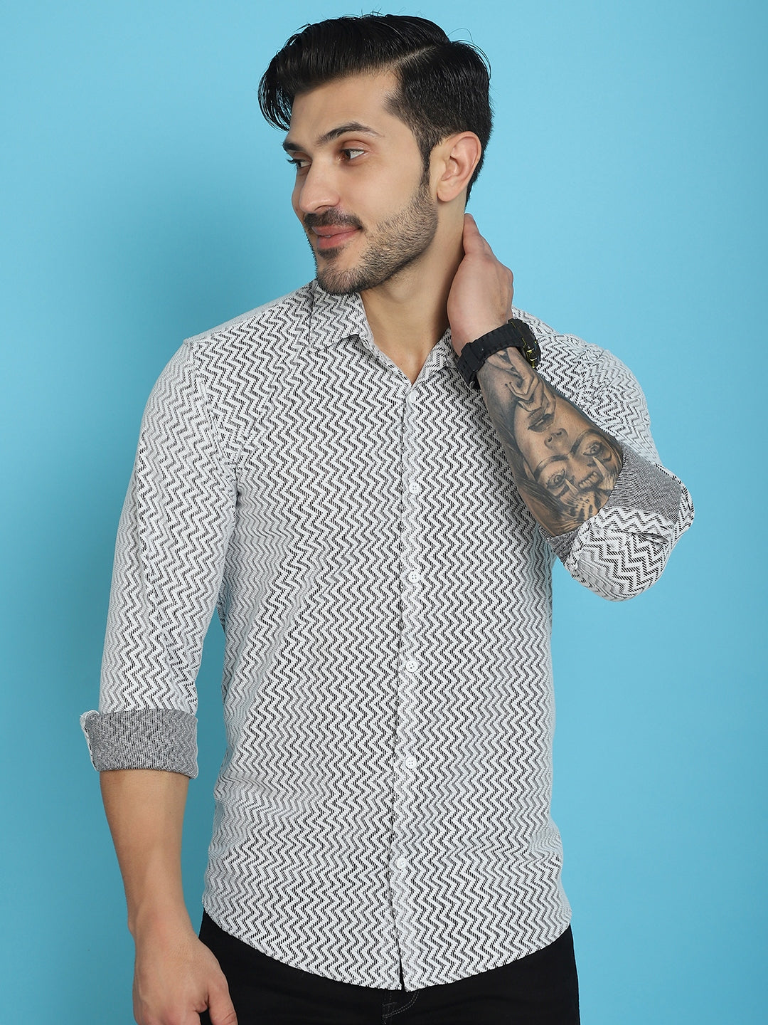 Indian Needle Men's Woven Design Cotton Shirt - White - Distacart