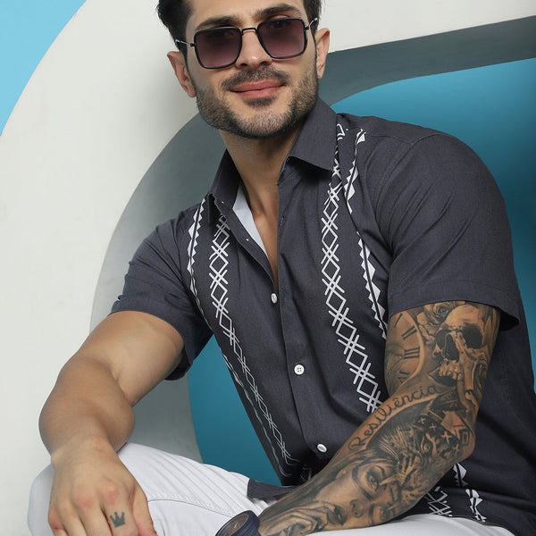 Indian Needle Men's Printed Half Sleeve Lycra Shirt - Charcoal - Distacart