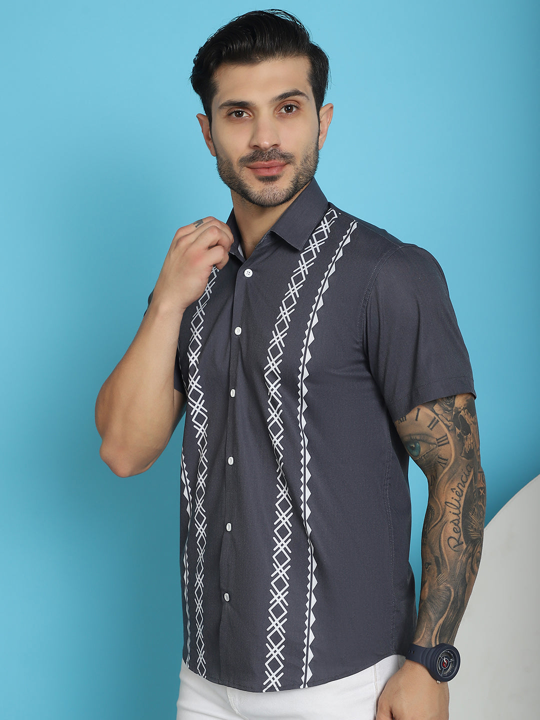 Indian Needle Men's Printed Half Sleeve Lycra Shirt - Charcoal - Distacart