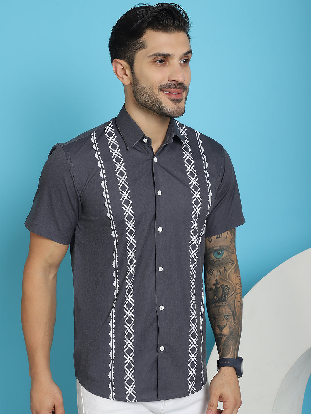 Indian Needle Men's Printed Half Sleeve Lycra Shirt - Charcoal - Distacart
