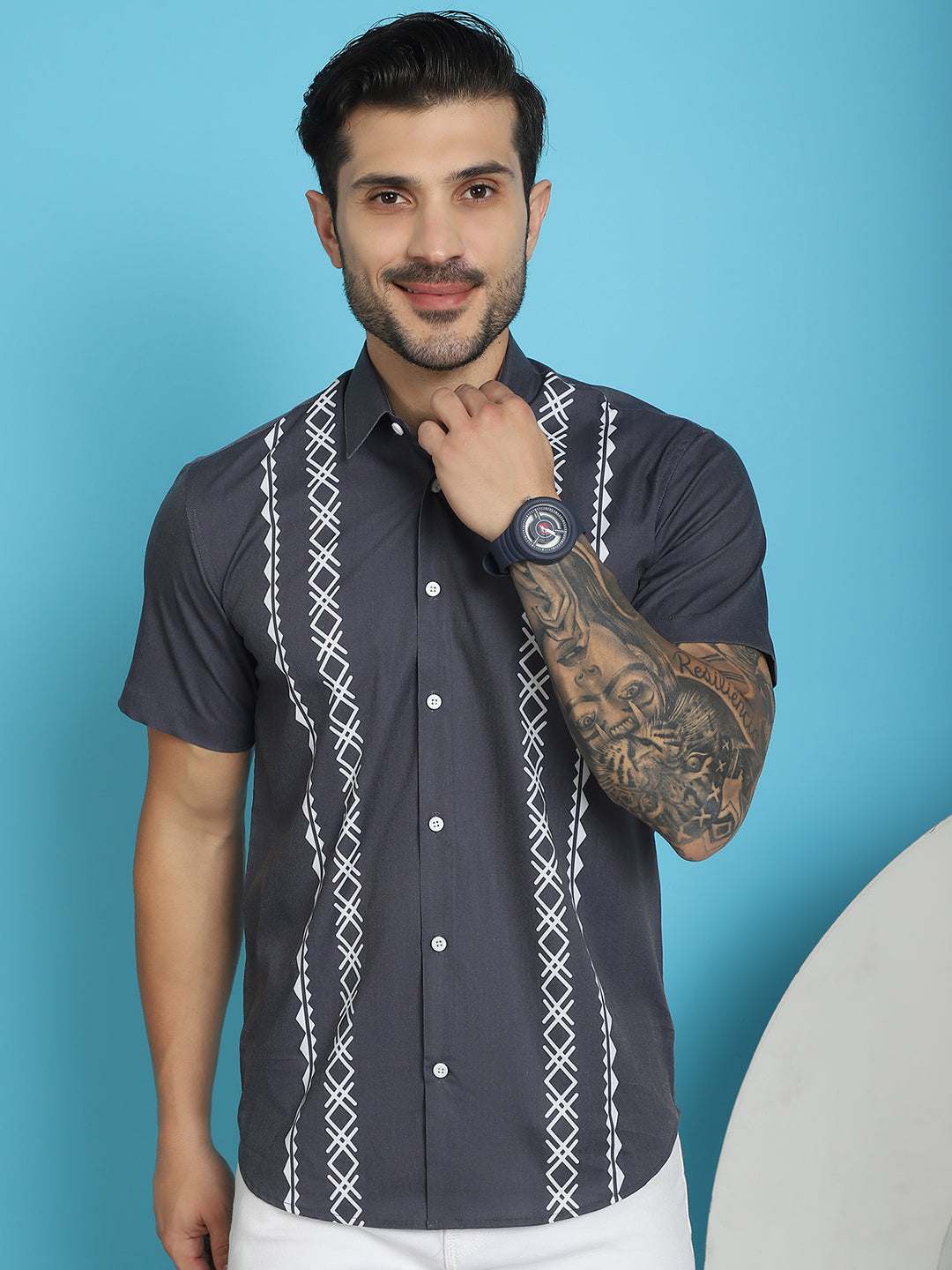 Indian Needle Men's Printed Half Sleeve Lycra Shirt - Charcoal - Distacart