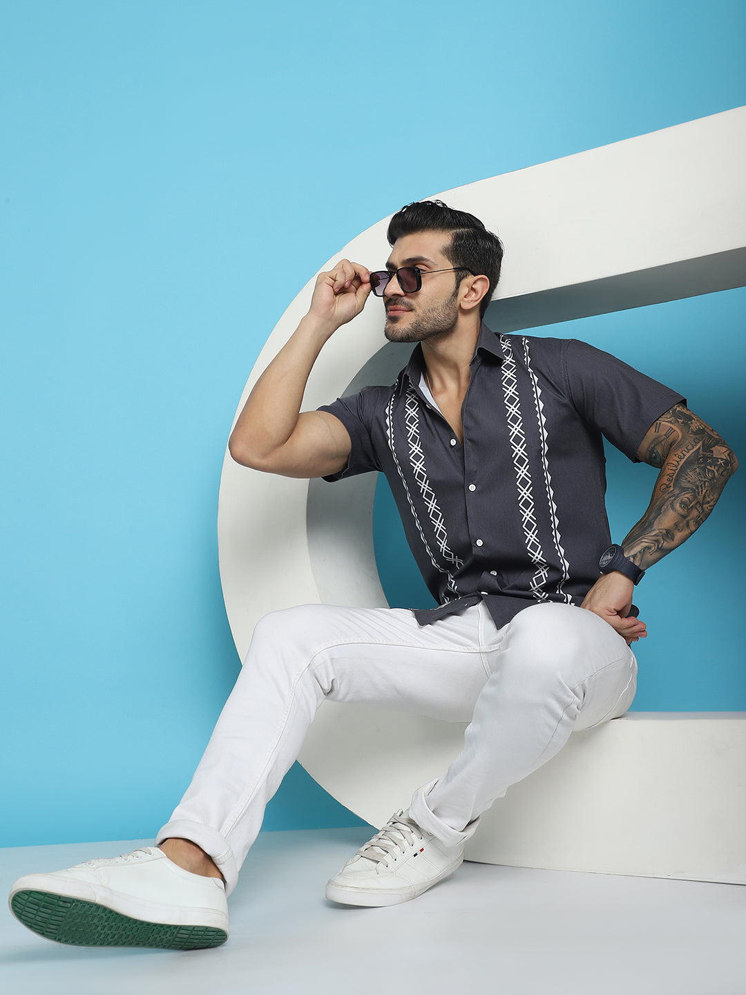 Indian Needle Men's Printed Half Sleeve Lycra Shirt - Charcoal - Distacart