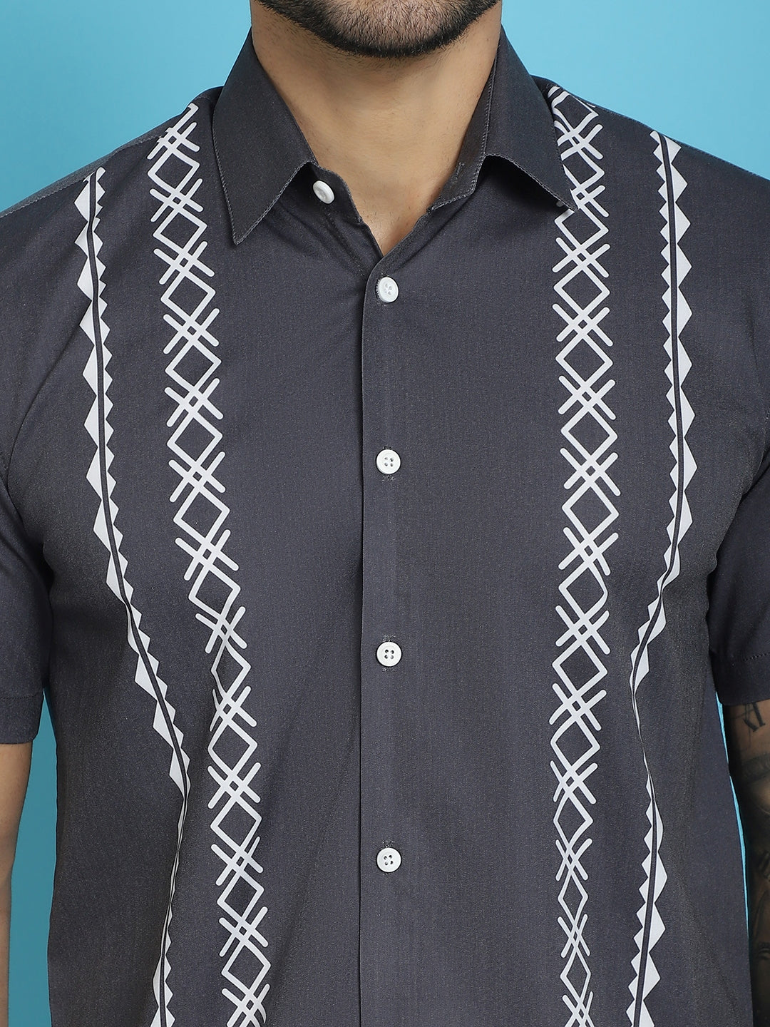 Indian Needle Men's Printed Half Sleeve Lycra Shirt - Charcoal - Distacart
