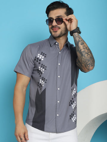 Indian Needle Men's Printed Half Sleeve Lycra Shirt - Grey - Distacart
