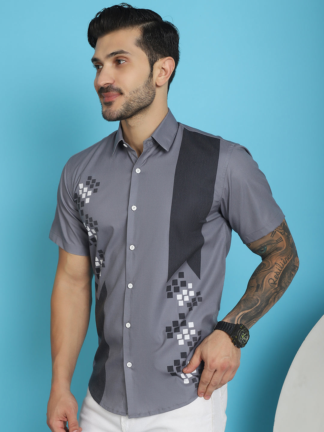 Indian Needle Men's Printed Half Sleeve Lycra Shirt - Grey - Distacart
