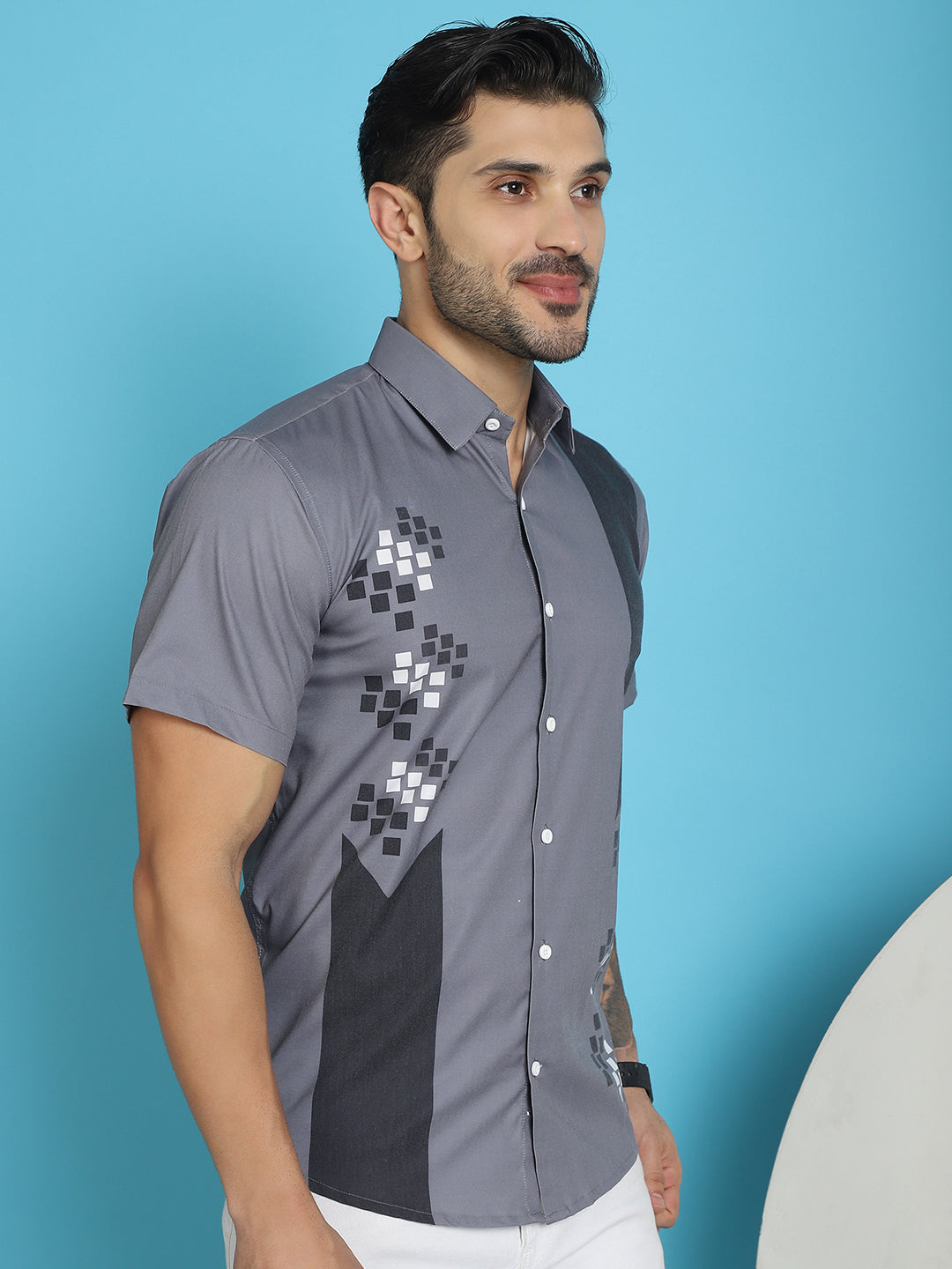 Indian Needle Men's Printed Half Sleeve Lycra Shirt - Grey - Distacart