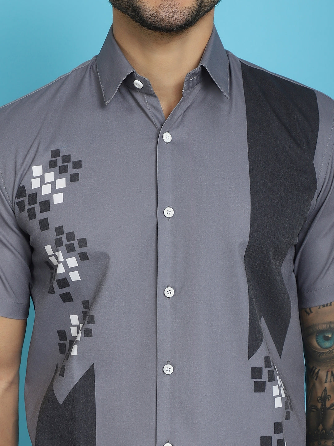 Indian Needle Men's Printed Half Sleeve Lycra Shirt - Grey - Distacart