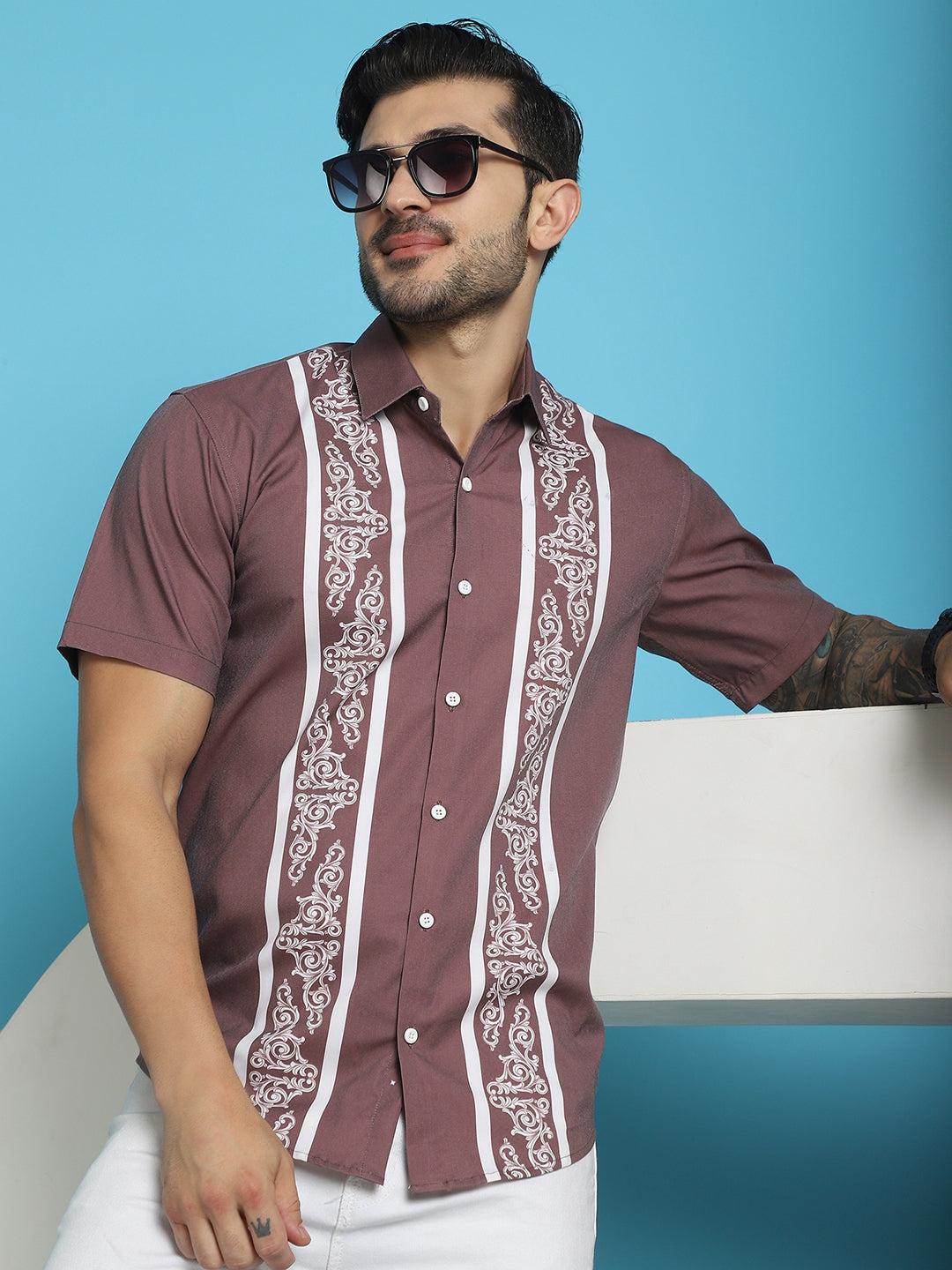 Indian Needle Men's Printed Half Sleeve Lycra Shirt - Magenta - Distacart