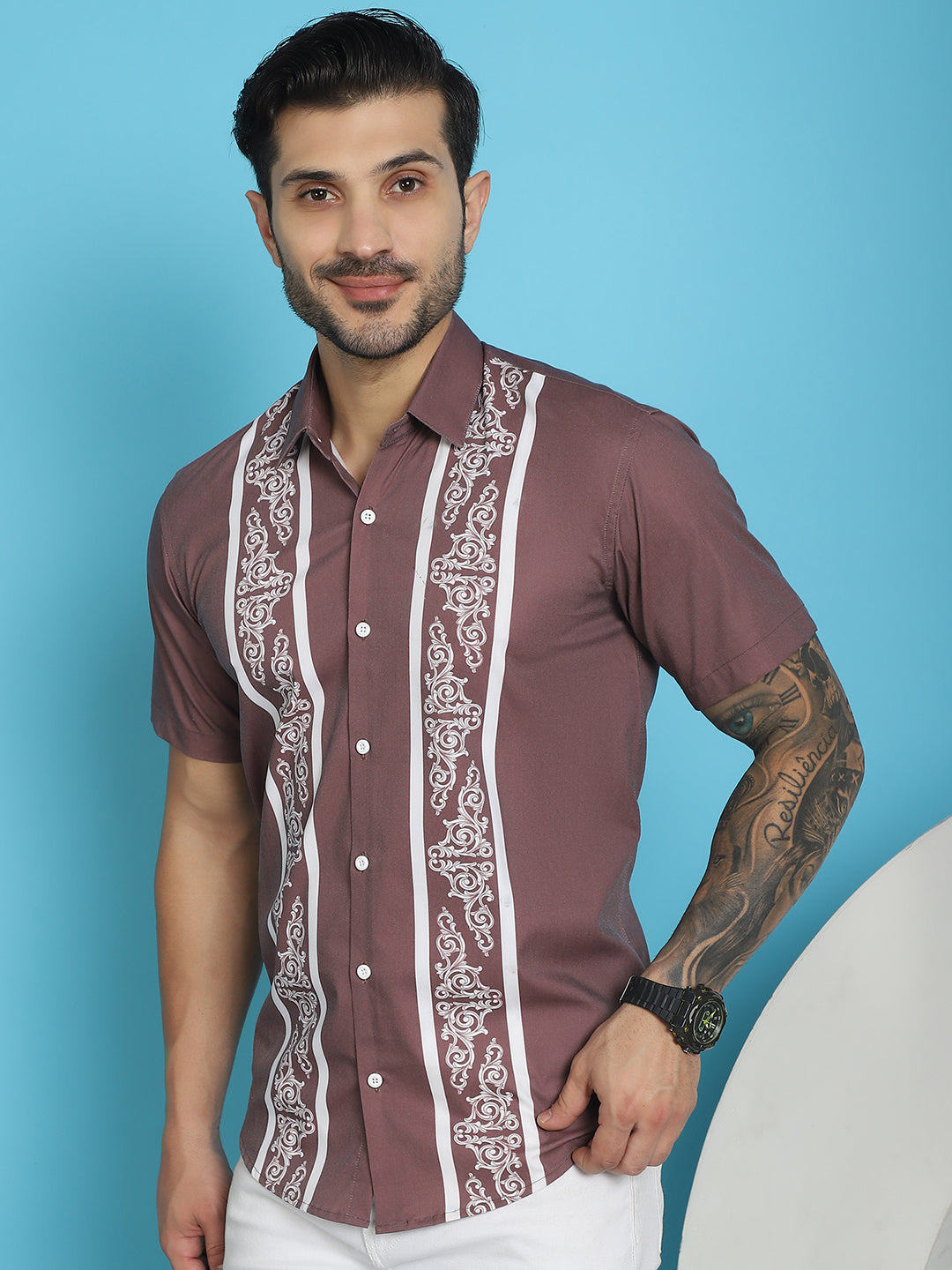 Indian Needle Men's Printed Half Sleeve Lycra Shirt - Magenta - Distacart