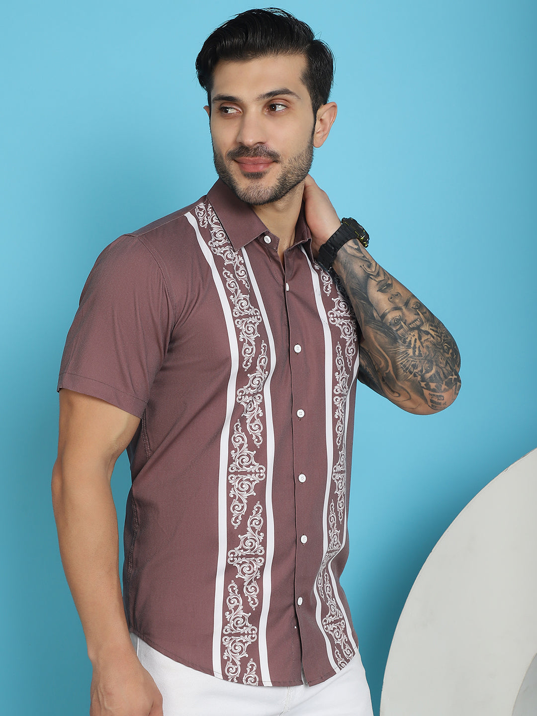 Indian Needle Men's Printed Half Sleeve Lycra Shirt - Magenta - Distacart