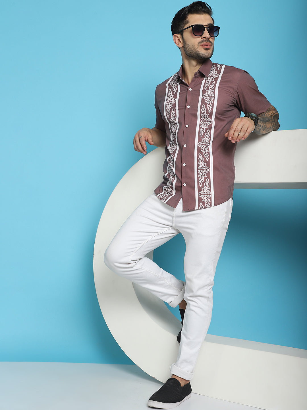 Indian Needle Men's Printed Half Sleeve Lycra Shirt - Magenta - Distacart