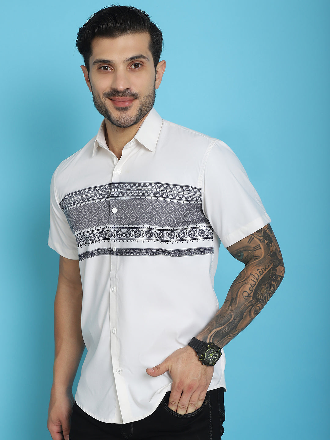 Indian Needle Men's Printed Half Sleeve Lycra Shirt - White - Distacart
