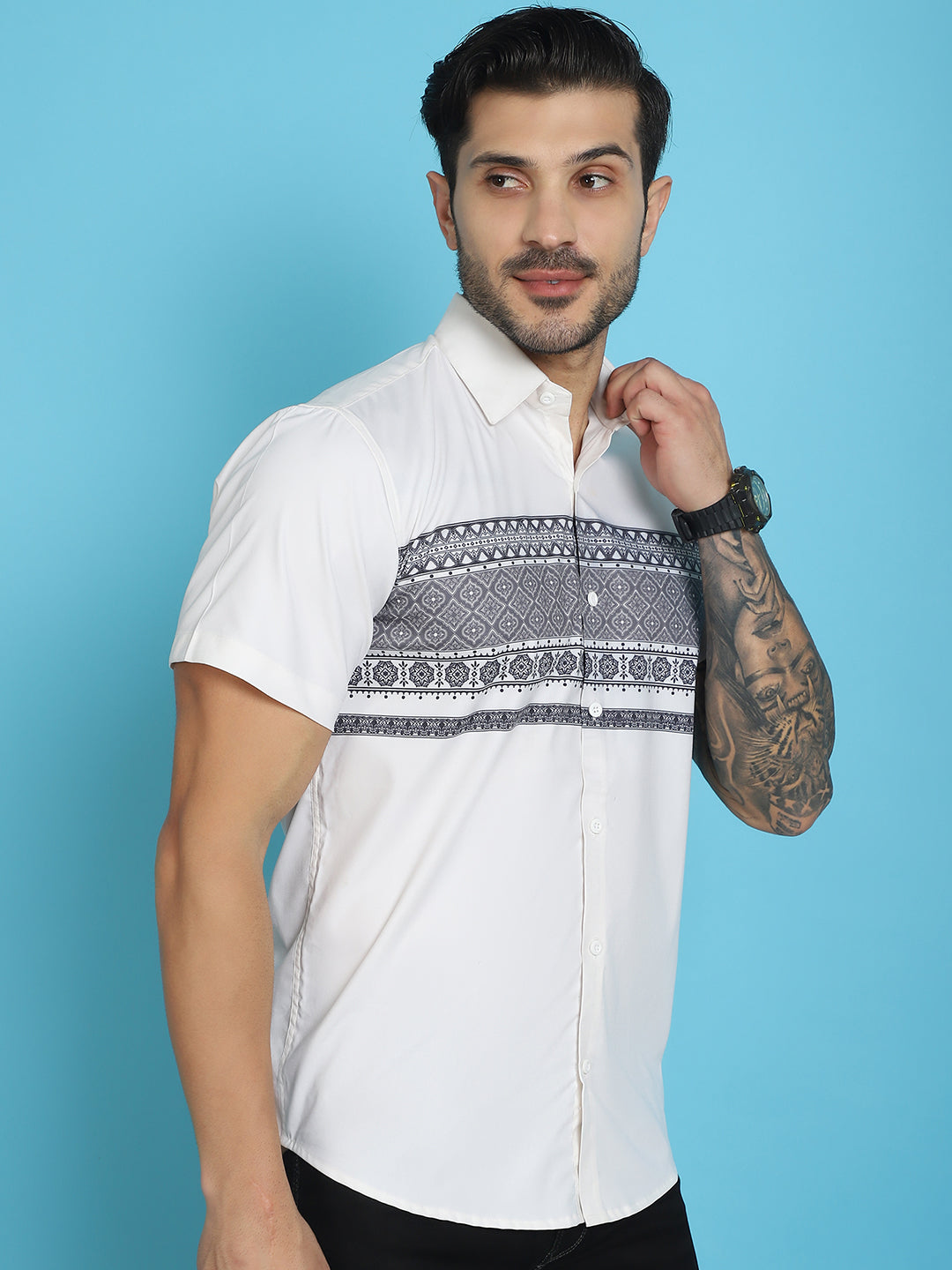 Indian Needle Men's Printed Half Sleeve Lycra Shirt - White - Distacart