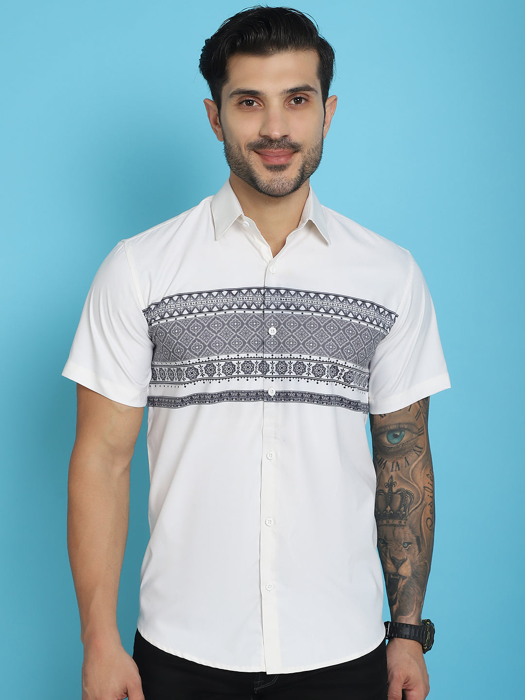 Indian Needle Men's Printed Half Sleeve Lycra Shirt - White - Distacart