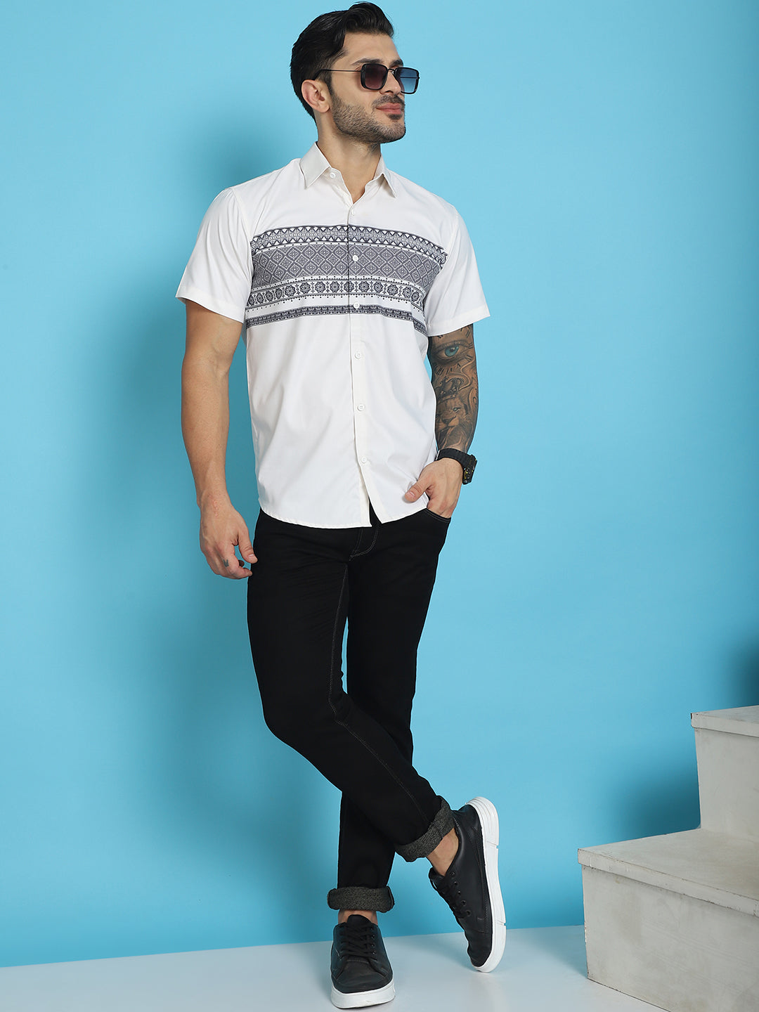 Indian Needle Men's Printed Half Sleeve Lycra Shirt - White - Distacart