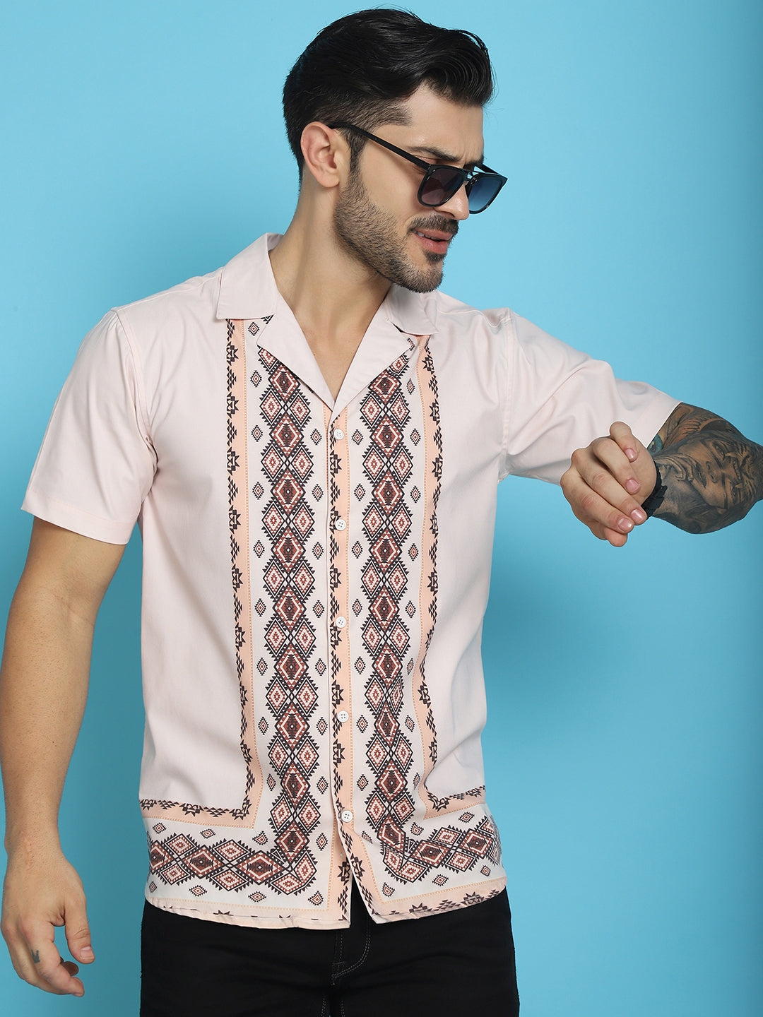 Indian Needle Men's Printed Half Sleeve Lycra Shirt - Pink - Distacart