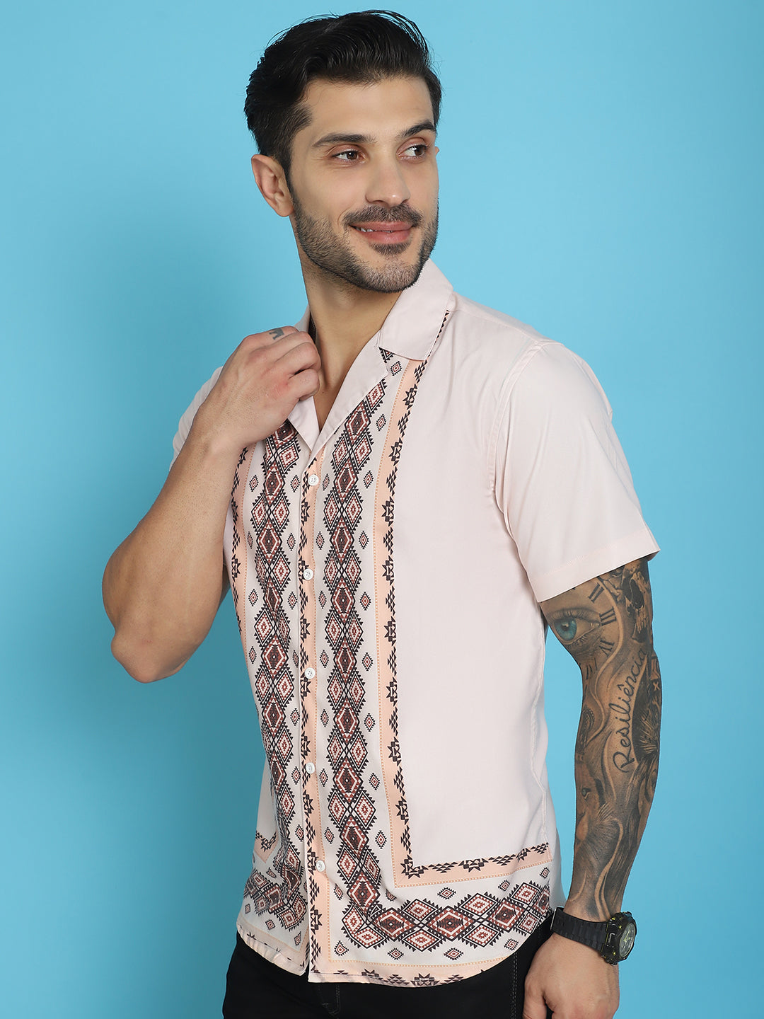 Indian Needle Men's Printed Half Sleeve Lycra Shirt - Pink - Distacart