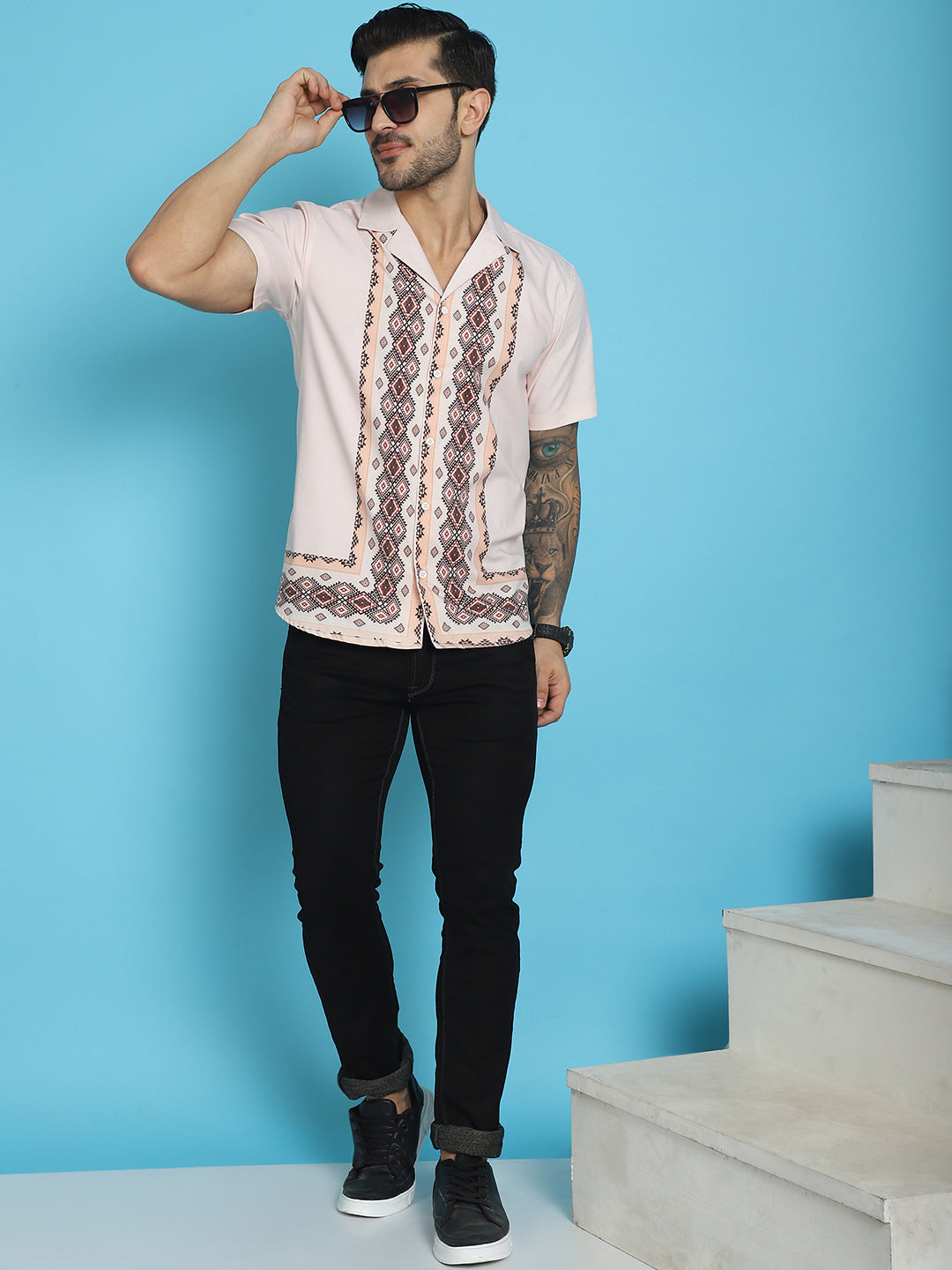 Indian Needle Men's Printed Half Sleeve Lycra Shirt - Pink - Distacart