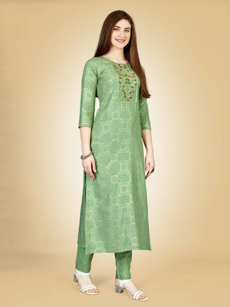 Aastha Fashion Women's Sea Green Viscose Rayon Embroidered Kurta Pant Set - Distacart
