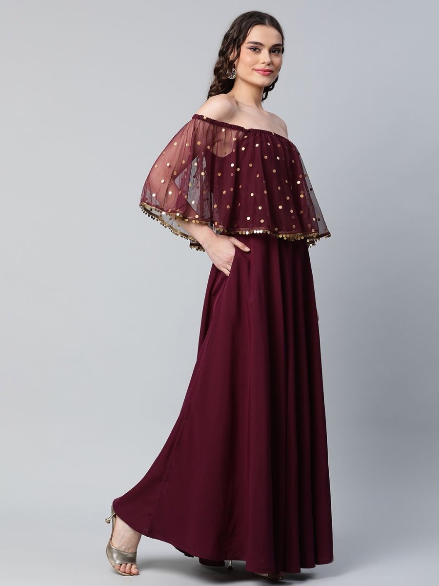 Ahalyaa Women Wine Colour Crepe & Net Gold Printed Dress - Distacart