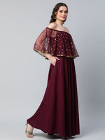 Thumbnail for Ahalyaa Women Wine Colour Crepe & Net Gold Printed Dress - Distacart