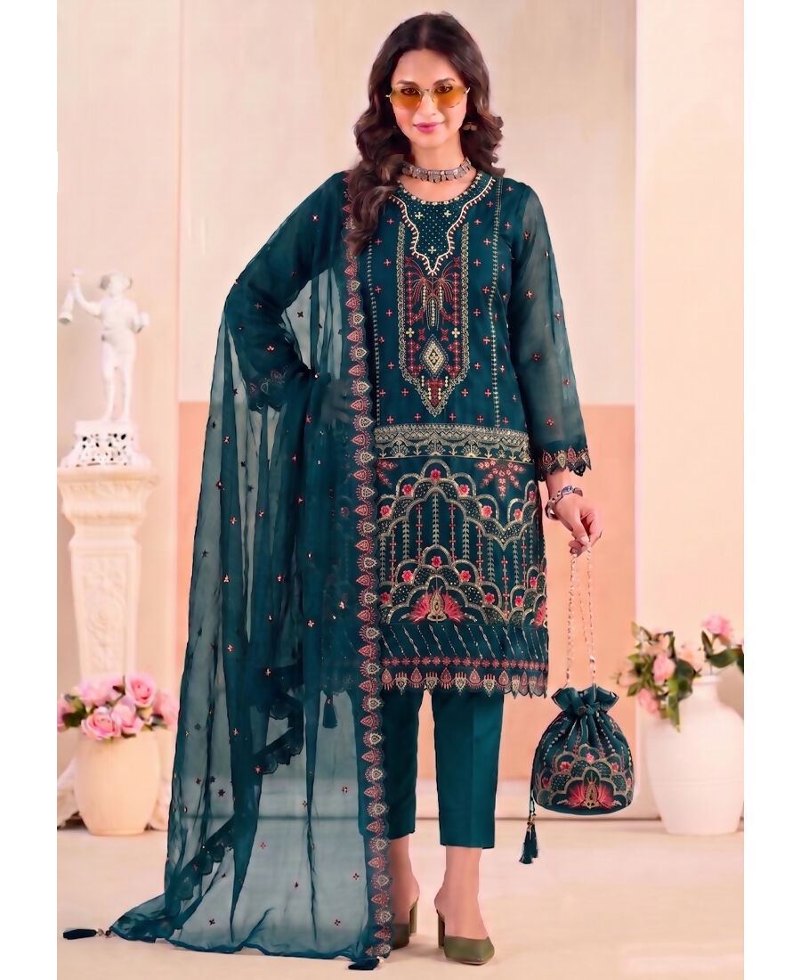 KC Teal Blue Pakistani Crunchy Silk Heavy Salwar Kameez For Women - Dista