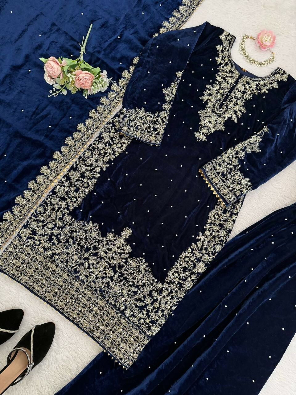 Vastranavya Blue Viscose Velvet Cording Sequence With Moti Work Top-Bottom With Dupatta