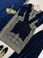 Thumbnail for Vastranavya Blue Viscose Velvet Cording Sequence With Moti Work Top-Bottom With Dupatta