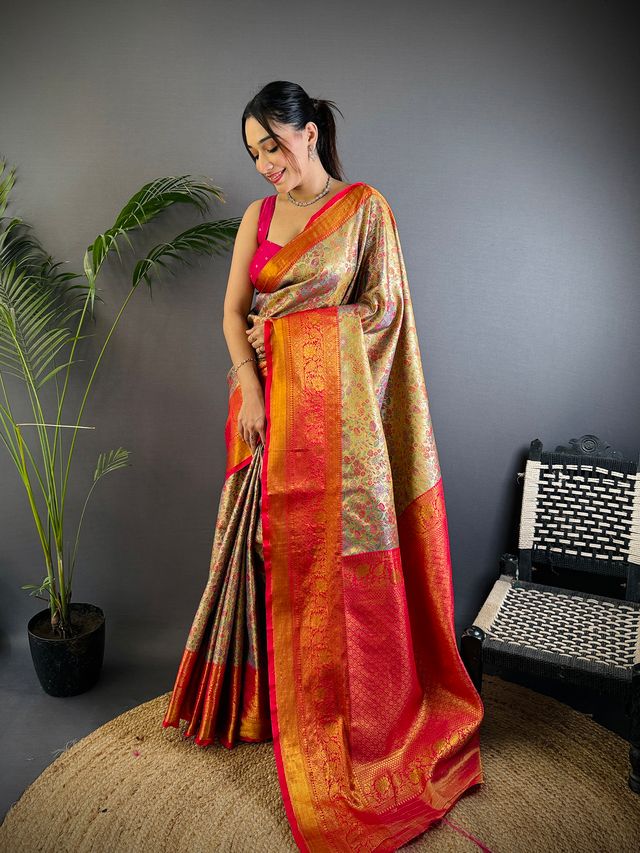 Elora Copper Silk Leheriya Meenakari Zari Weaves Dharmavaram Saree - Dista