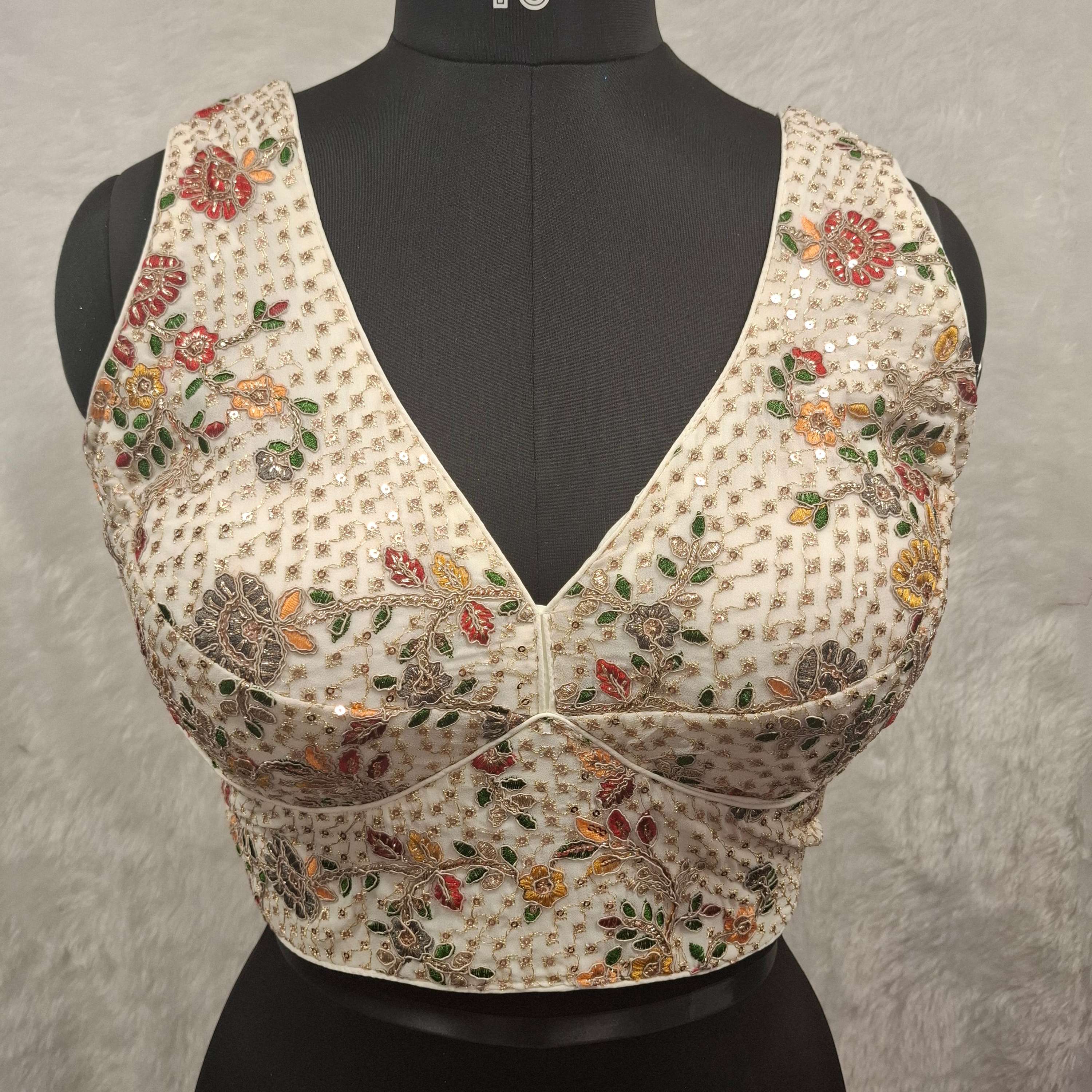 Kia Fashions White Georgette Multi Color Emb & Sqn Readymade Blouse