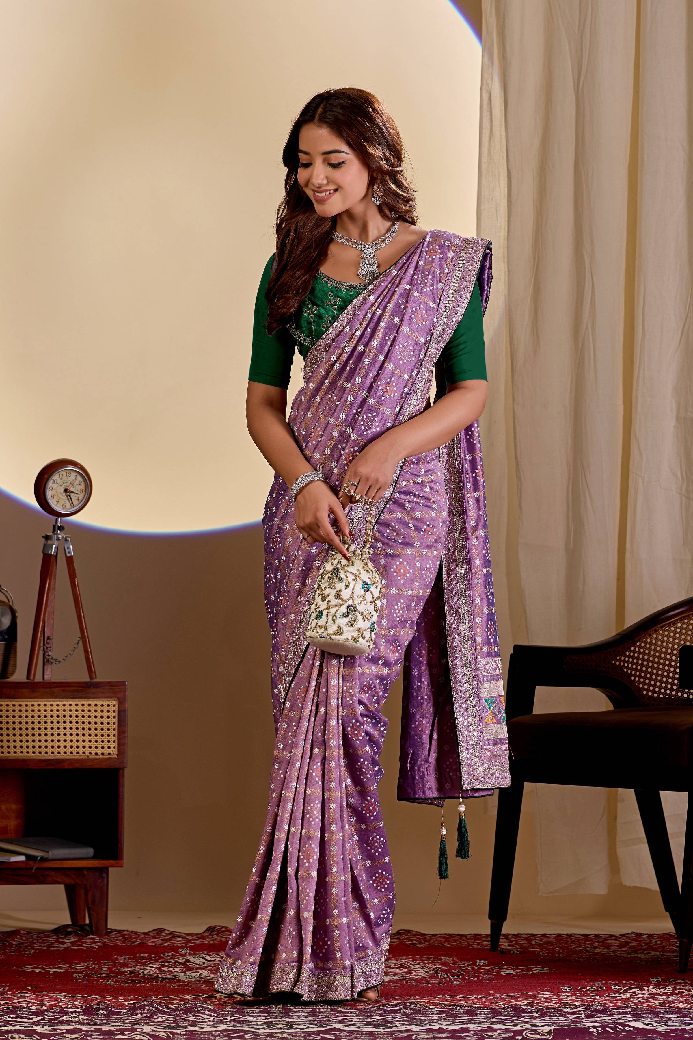 Dwija Fashion Women'S Party Wear Embroidery Vichitra Cp Designer Saree With Unstitched Blouse-Purple - Dista