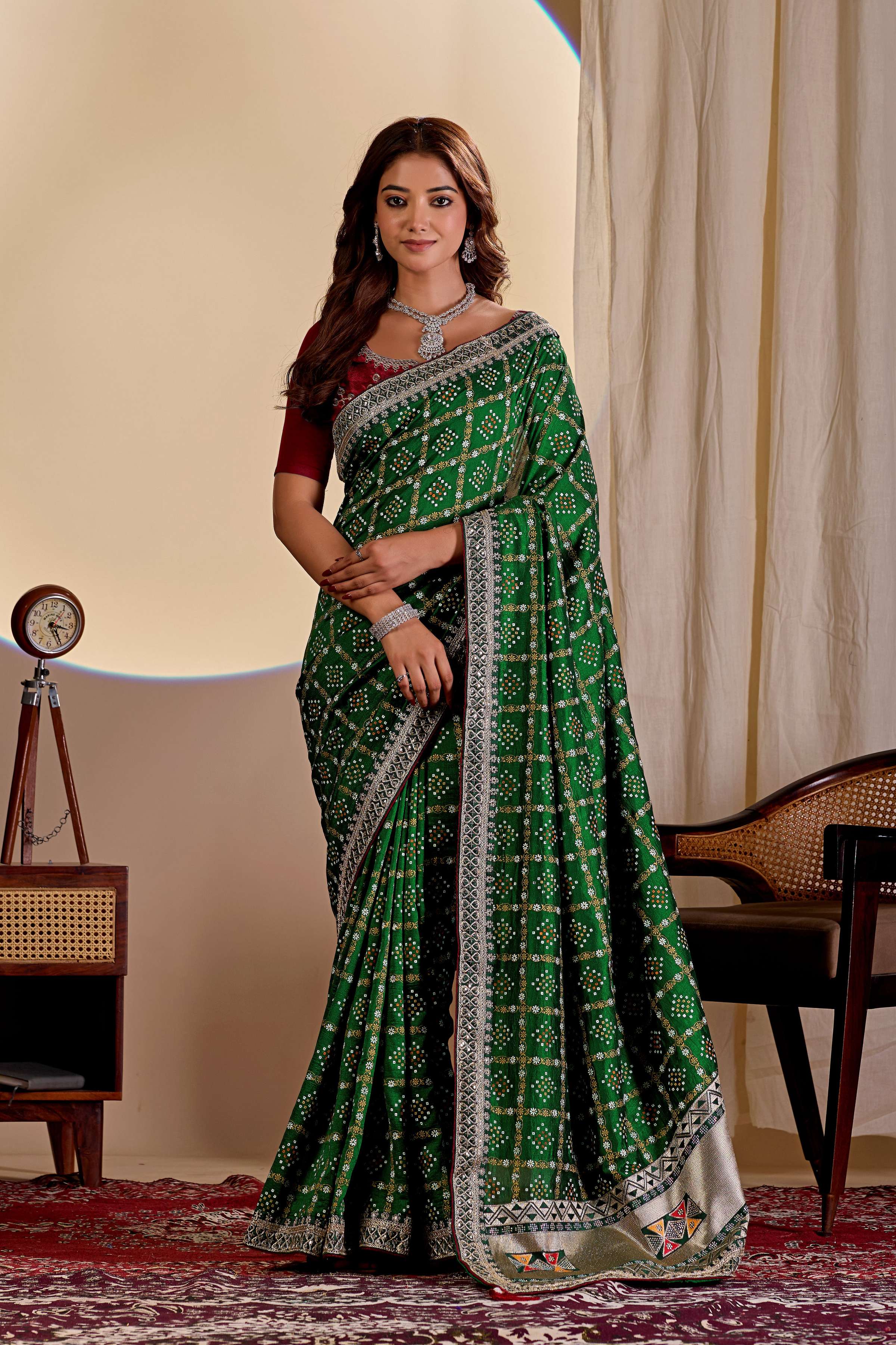 Dwija Fashion Women'S Party Wear Embroidery Vichitra Cp Designer Saree With Unstitched Blouse-Green - Dista