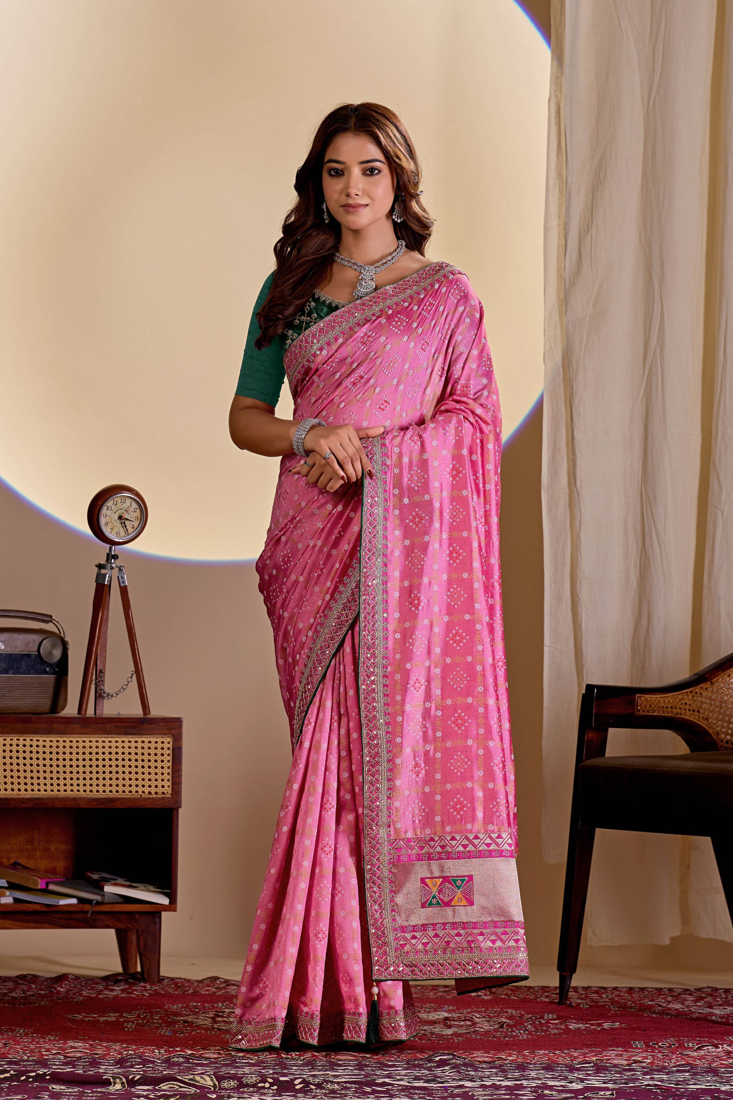 Dwija Fashion Women'S Party Wear Embroidery Vichitra Cp Designer Saree With Unstitched Blouse-Pink - Dista