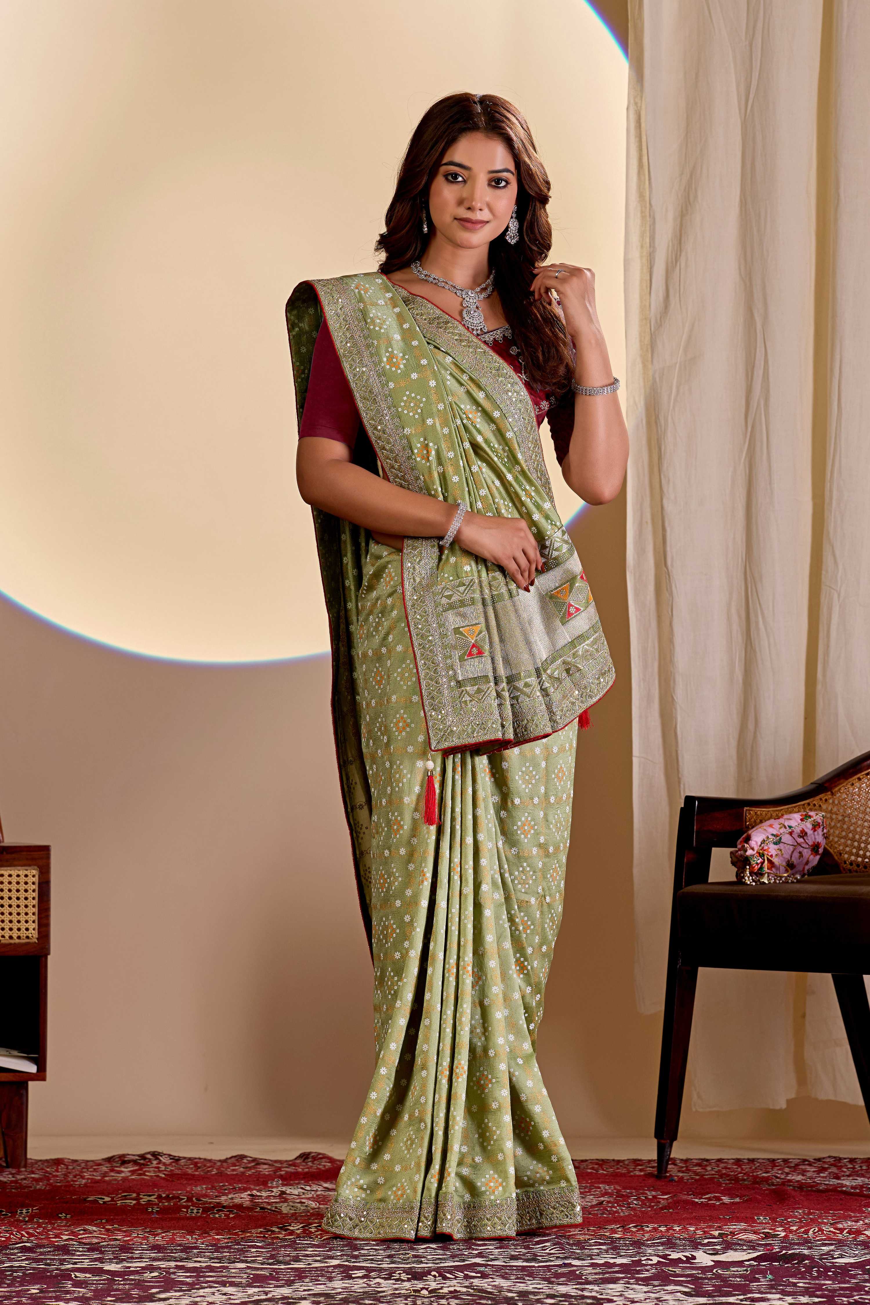 Dwija Fashion Women'S Party Wear Embroidery Vichitra Cp Designer Saree With Unstitched Blouse-Mint Green - Dista
