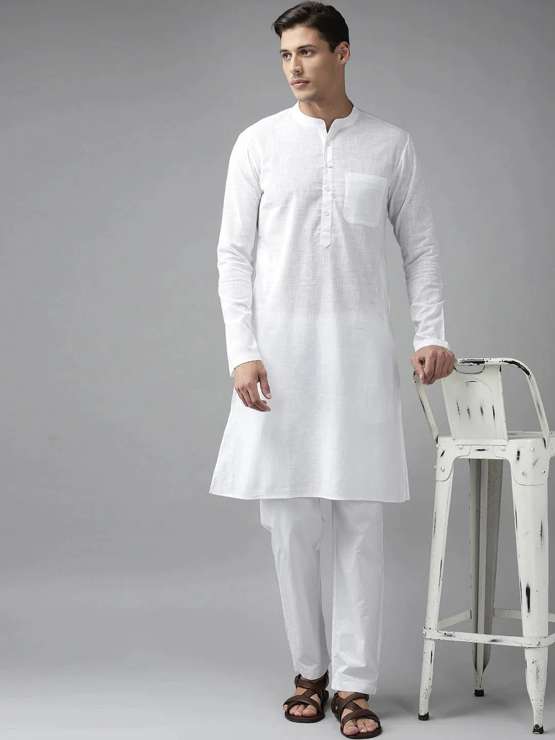 Fabmade Men White Cotton Linen Kurta Pyjama