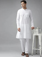 Thumbnail for Fabmade Men White Cotton Linen Kurta Pyjama