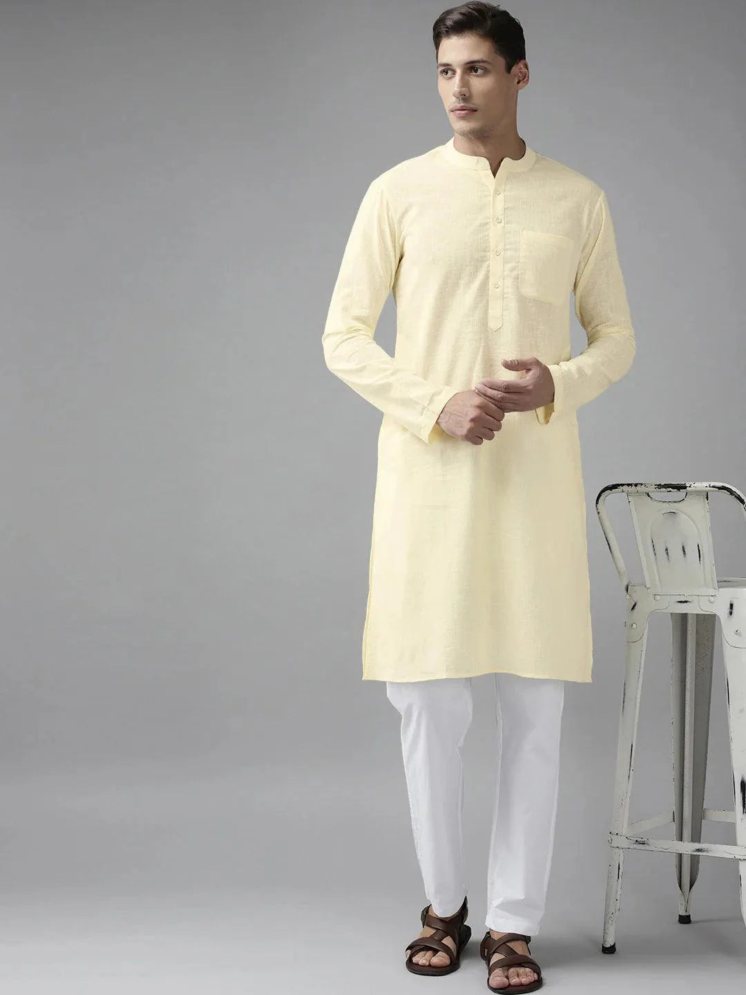 Fabmade Men Cream Cotton Linen Kurta Pyjama