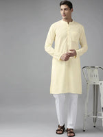 Thumbnail for Fabmade Men Cream Cotton Linen Kurta Pyjama