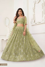 Thumbnail for Aastha Fashion Pista Green Butterfly Net Tone To Tone Thread Work, Sequence Work And Original Mirror Work Embroidery Wedding Wear Lehenga Choli - Distacart