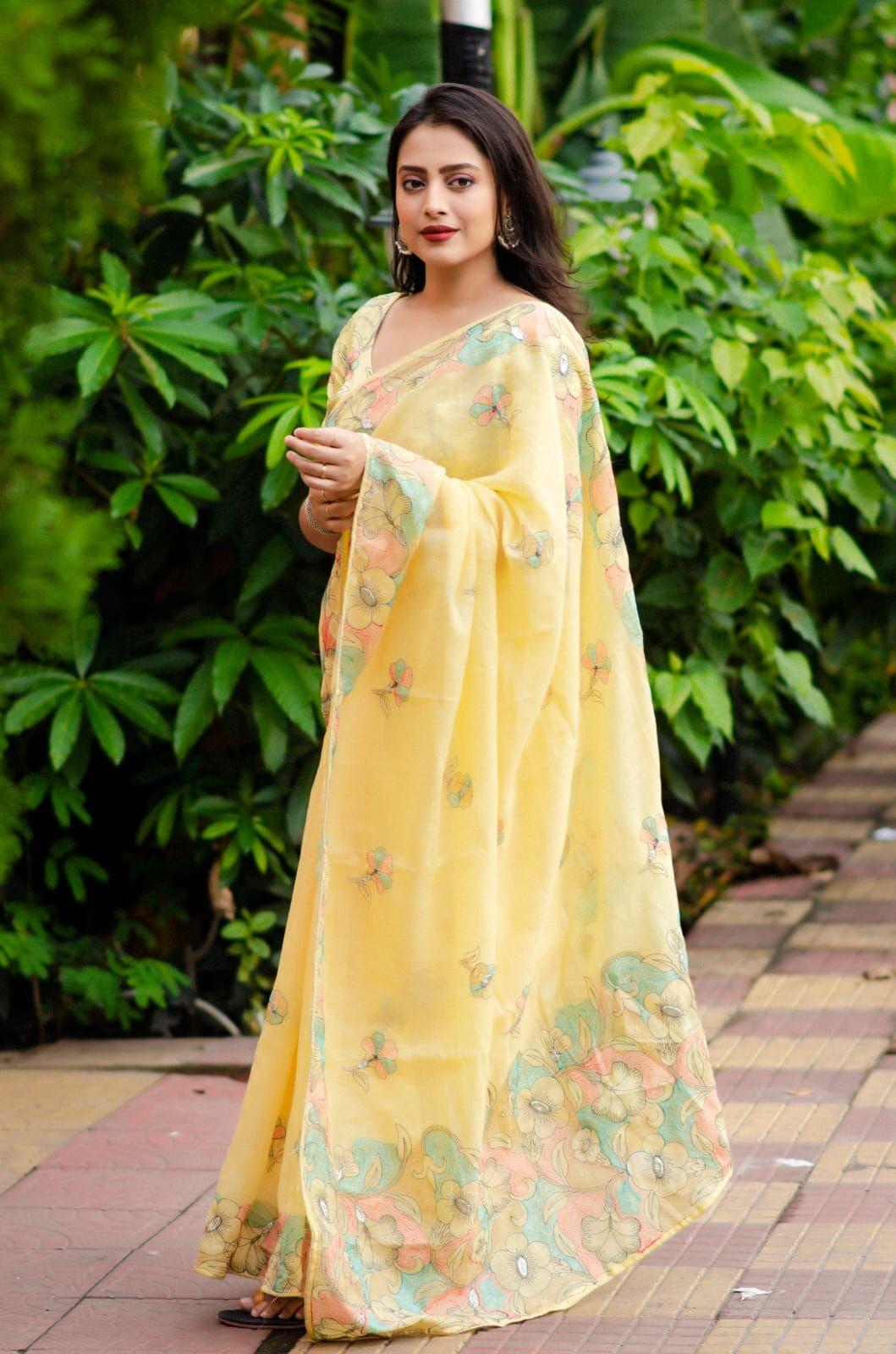 Yellow Pure Linen Ethnic Motifs Saree with Unstitched Blouse - A2M - Distacart