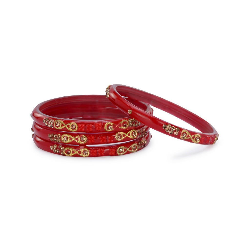 Afast Designer Fancy Party Bangle/ Kada Set, Red, Glass, Pack Of 4 - Distacart