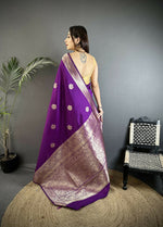 Thumbnail for Joban Fashion Purple Floral Jacquard Woven Design Cotton Silk Banarasi Silk Saree - Distacart