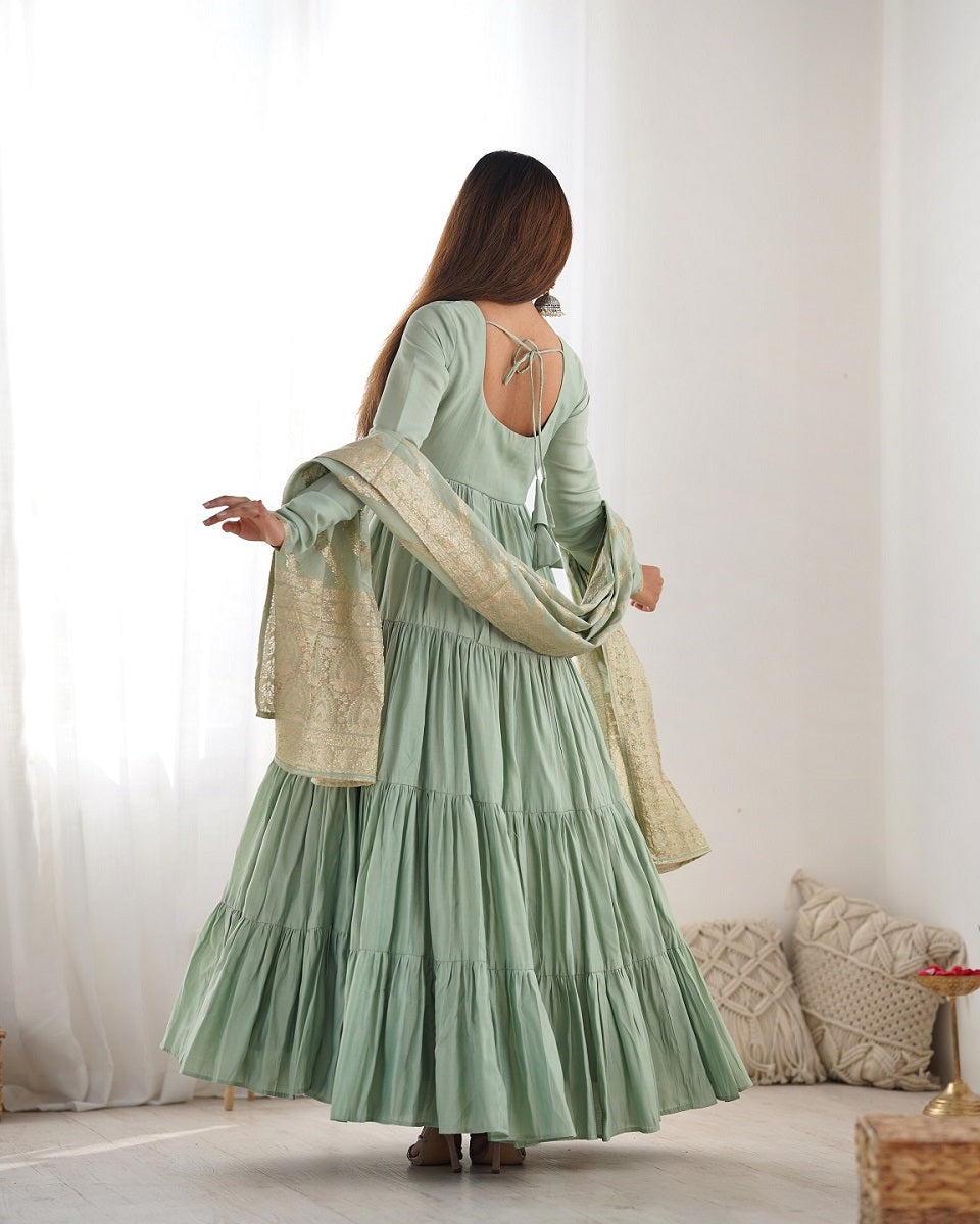 Evanik Seagreen Pure Roman Silk Chanderi With Fully Flair Anarkali Pant With Dupatta