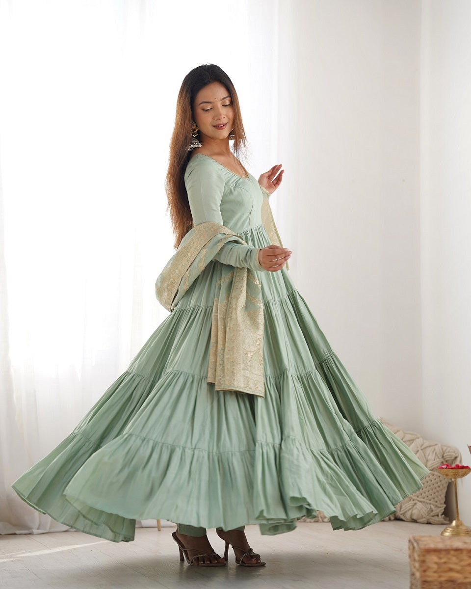 Evanik Seagreen Pure Roman Silk Chanderi With Fully Flair Anarkali Pant With Dupatta